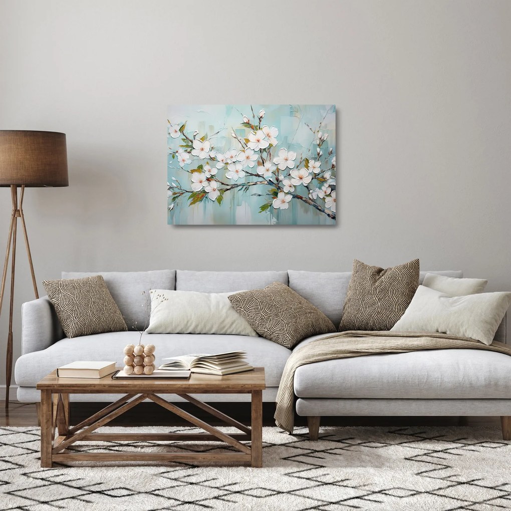 Tablou pe sticlă - Pictură, ramuri de copac înflorit (70x50 cm)