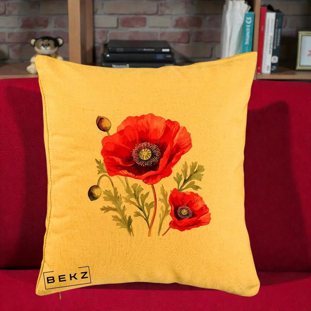 Perna Decorativa Maci Rosii Acuarela, 40x40 cm, Galben, Husa Detasabila, Perna Inclusa, BEKZ®