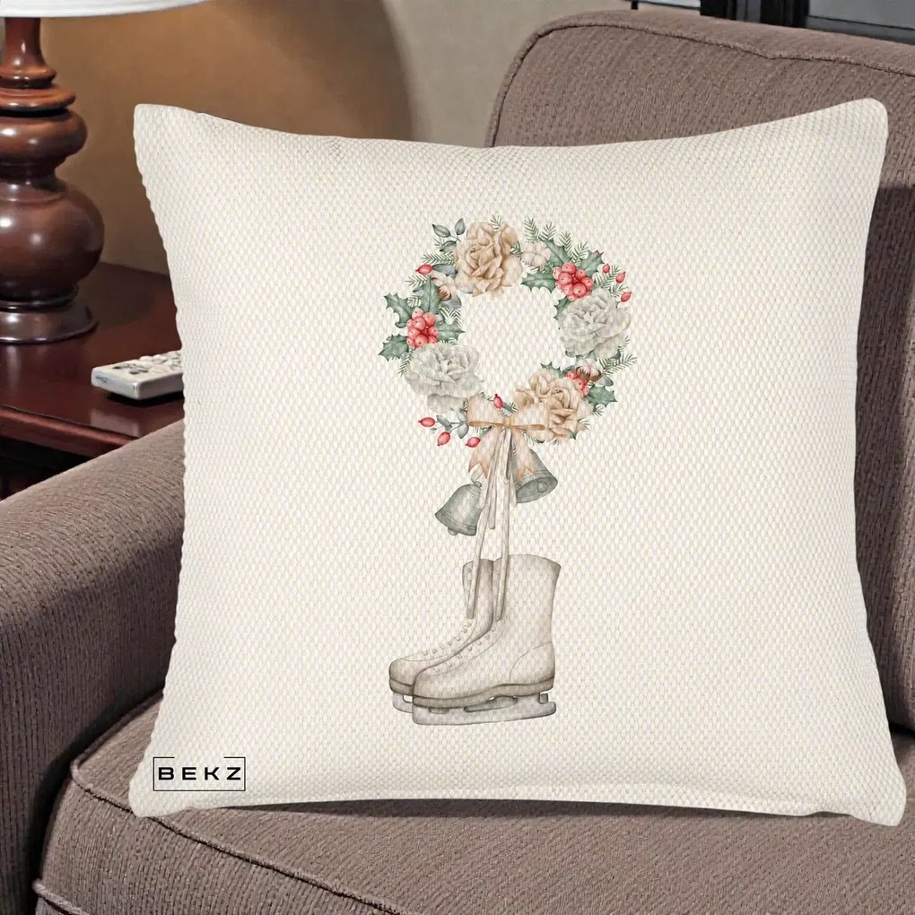 Perna Decorativa Patine cu Coroana Florala de Craciun, 40x40 cm, Crem Reliefat, Husa Detasabila, Perna Inclusa, BEKZ®