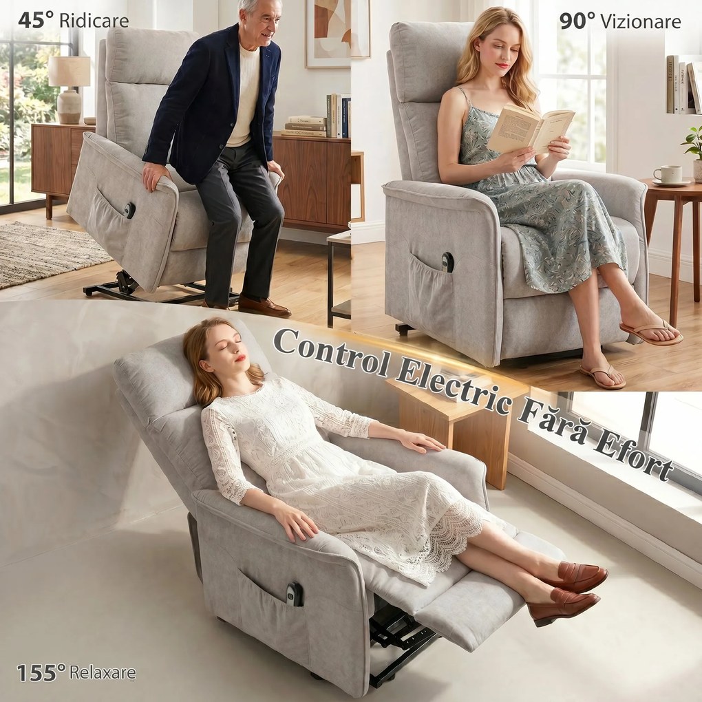 HOMCOM Fotoliu Electric cu Ridicare și Reclinare din Chenille cu Spătar Înalt, Telecomandă, Gri Deschis | Aosom Romania