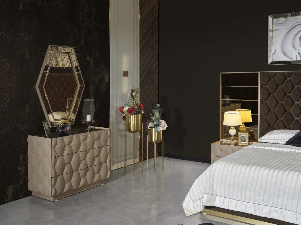 Set dormitor complet mdf 30 mm si metal - royal lav - crem/antracit cu auriu