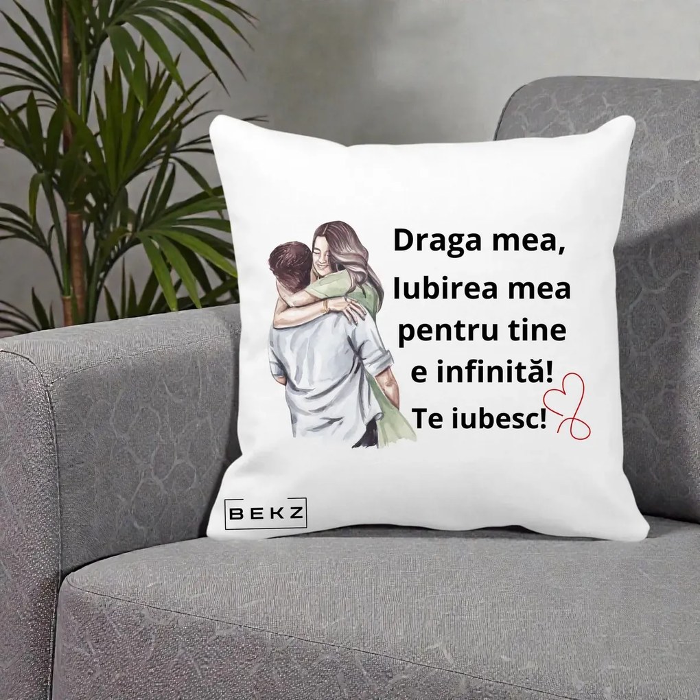 Cadou pentru Iubita - Perna Personalizata Draga Mea Iubirea Mea Infinita Te Iubesc cu Cuplu Acuarela, 40x40 cm, Alba Mata, Husa Detasabila, Perna Inclusa, BEKZ®