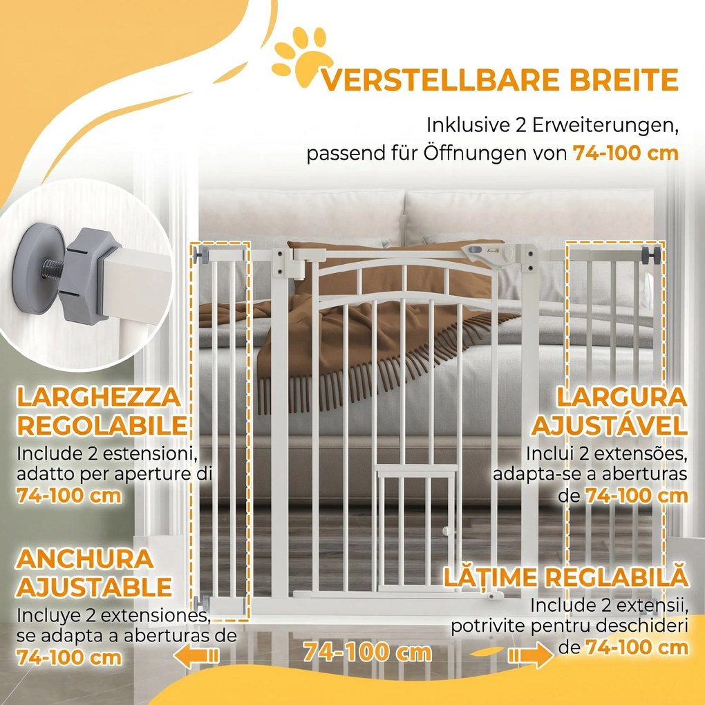 PawHut Uşa de Siguranţă pentru Câini, Barieră pentru Animale de Companie cu Ușă Mică pentru Pisici, 74-100x76 cm, Alb | Aosom Romania
