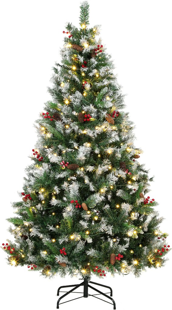 HOMCOM Brad de Crăciun Înzăpezit 210 cm, 400 de Lumini LED Bicolore, Telecomandă, 11 Modalități, 1253 de Ramuri, Conuri de Pin, Fructe Roșii | Aosom Romania