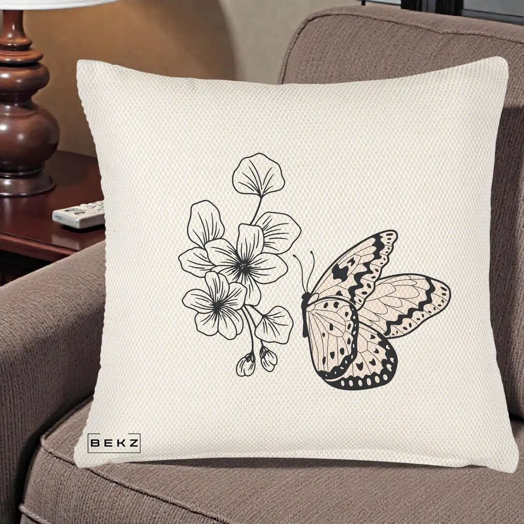 Perna Decorativa Fluture si Flori Linie Monocroma, 40x40 cm, Crem Reliefat, Husa Detasabila, Perna Inclusa, BEKZ®