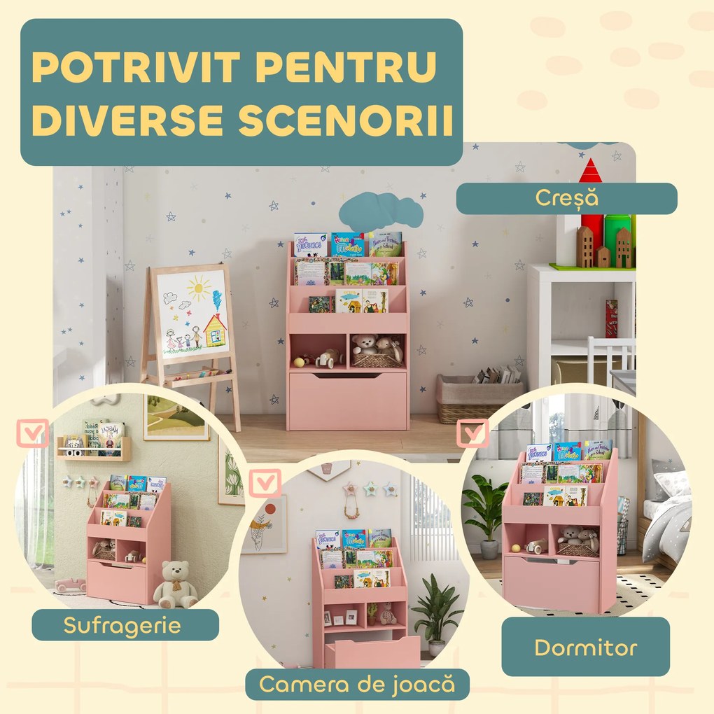 HOMCOM Bibliotecă pentru Copii cu Rafturi, Sertar și Roți, Raft pentru Jucării și Cărți, 60x29.9x90 cm, Roz | Aosom Romania
