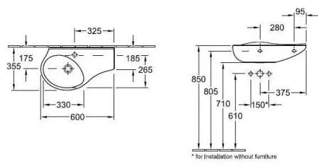 Lavoar suspendat asimetric, Villeroy&amp;Boch Oblic, 60x35.5cm, Star White CeramicPlus, 71046LR2