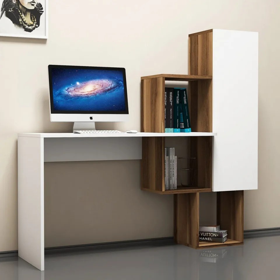 Birou de Studiu si Biblioteca, PAL Melaminat, Azalee , Nuc / Alb