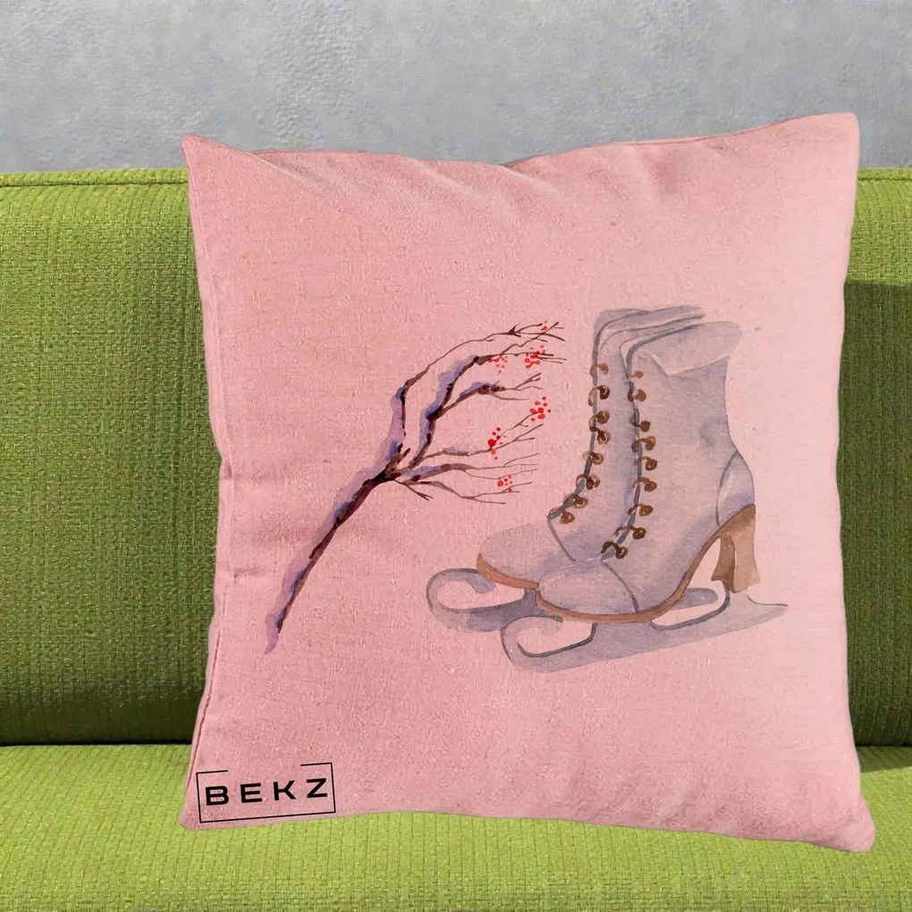 Perna Decorativa Patine cu Ramuri Inzapezite, 40x40 cm, Roz, Husa Detasabila, Perna Inclusa, BEKZ®