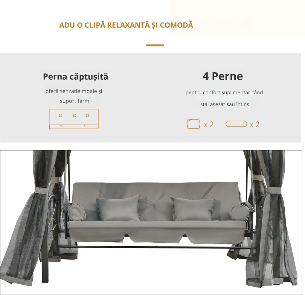 Outsunny Balansoar 3 Posti si Sezlong cu Copertina tip Foisor cu Plasa Impotriva Tantarilor si Perne, Gri Inchis 256x172x248cm