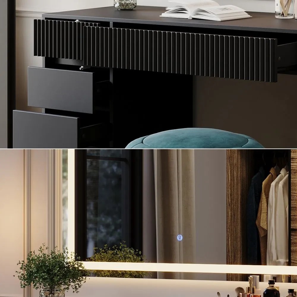 Masuta machiaj cu Oglinda LED si 5 Sertare pentru Cosmetice, Set Masa toaleta 120 cm, Negru, masuta cosmetica, vanity - SEN256