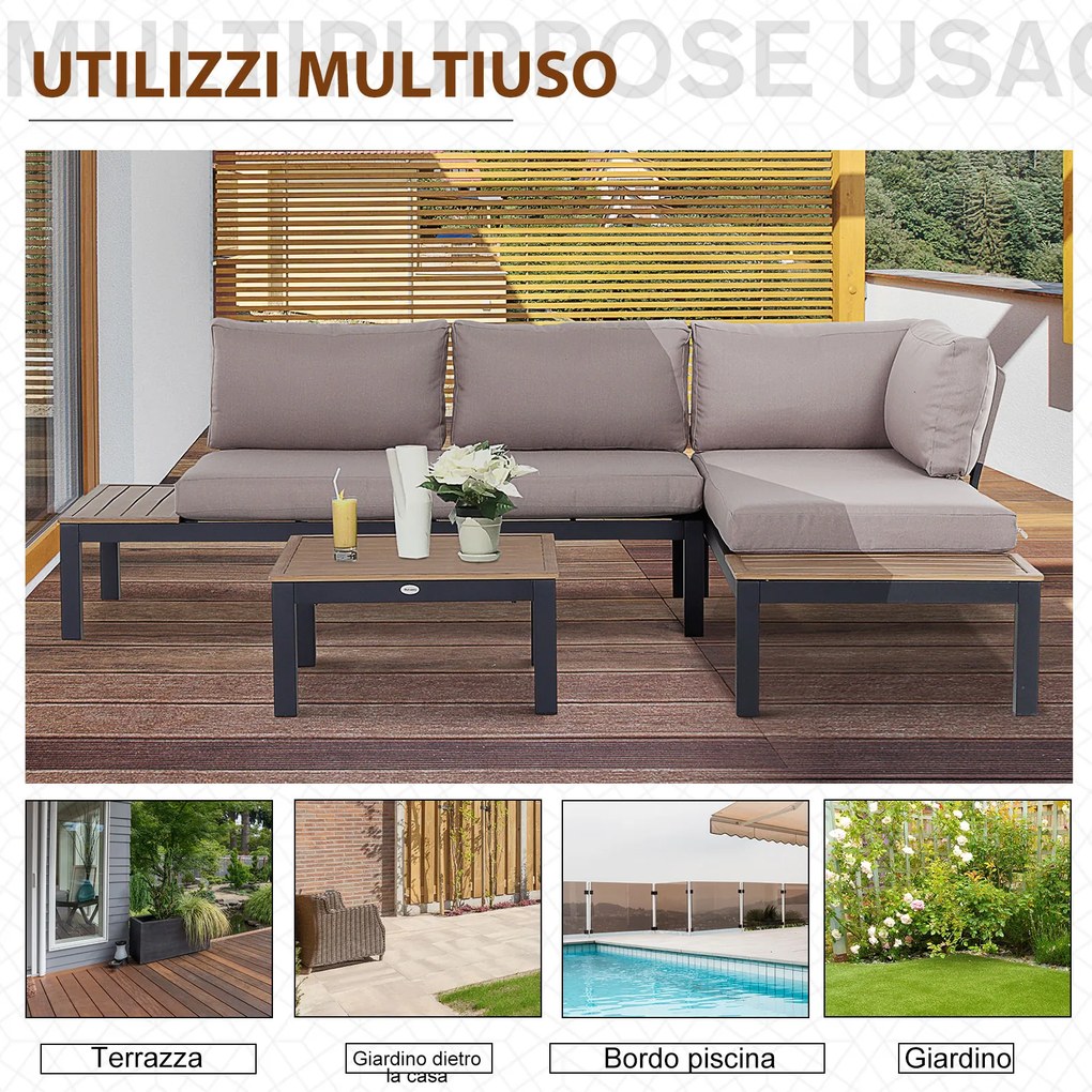 Outsunny Set de Gradina 3 Piese cu 1 masuta si 2 canapele , Culoare Gri si Lemn Natur | Aosom Romania