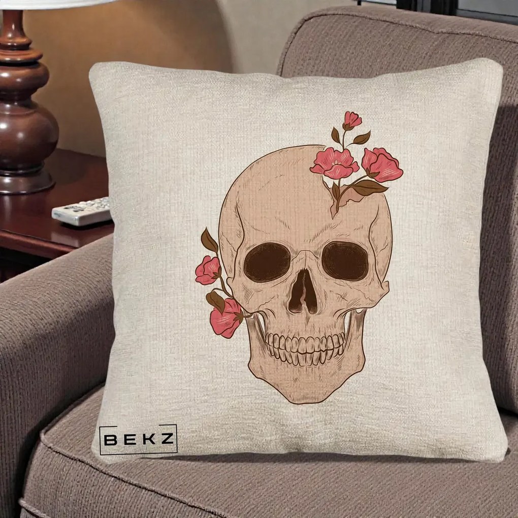 Perna Decorativa Craniu Floral Gothic, 40x40 cm, Bej Canapea, Husa Detasabila, Perna Inclusa, BEKZ®
