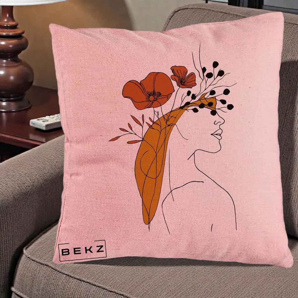 Perna Decorativa Portret Feminin Maci Rosii Auriu, 40x40 cm, Roz, Husa Detasabila, Perna Inclusa, BEKZ®