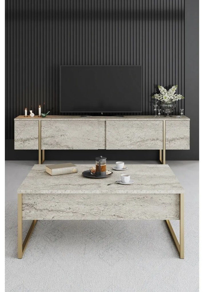 Măsuță de conferință Luxe Travertine și Auriu