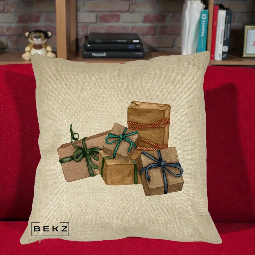 Perna Decorativa Cadouri de Craciun Kraft, 40x40 cm, Crem, Husa Detasabila, Perna Inclusa, BEKZ®