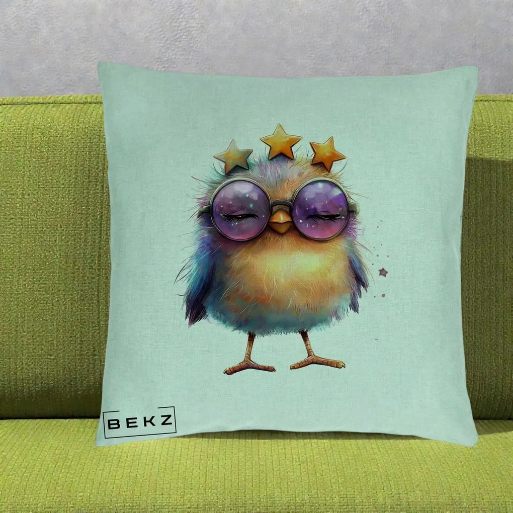 Perna Decorativa Pui Pop Star cu Ochelari Stele Violet, 40x40 cm, Verde Menta, Husa Detasabila, Perna Inclusa, BEKZ®