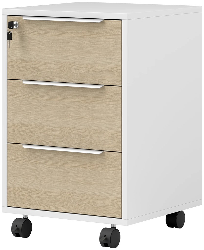 HOMCOM Căsuț de birou pe roți cu 3 sertare și lacăt, mobilier depozitare birou pe roți, 40 x 40 x 63,5 cm, stejar | Aosom Romania