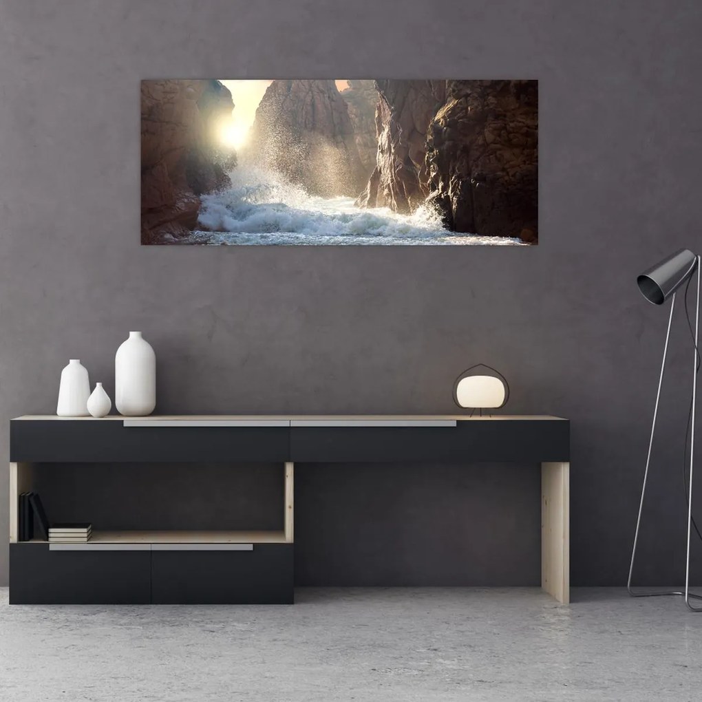 Tablou - Stânci și valuri ale oceanului (120x50 cm)
