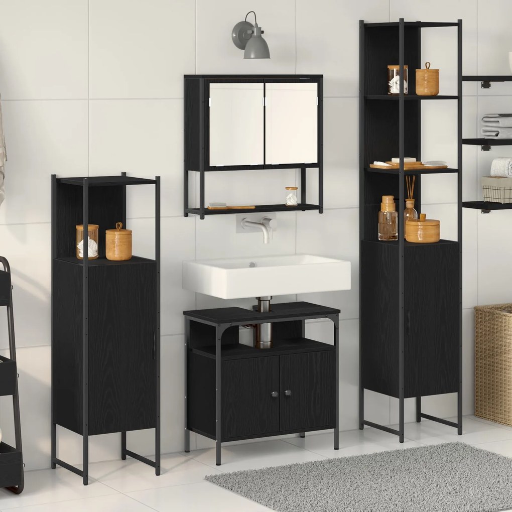 vidaXL Set de mobilier pentru baie cu raft cu ușă 4 pcs Stejar negru