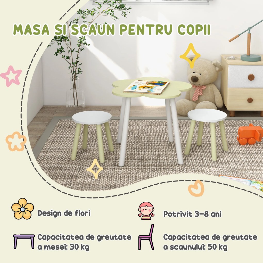 ZONEKIZ Set Mobilier pentru Copii, Masă cu 2 Scaune, Spațiu de Joacă și Activități, 2-5 ani, Galben | Aosom Romania