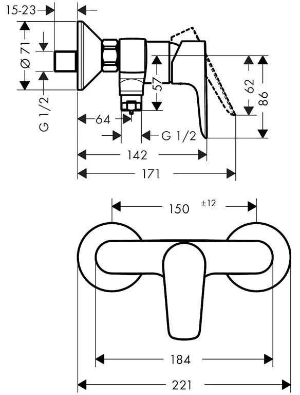 Baterie dus Hansgrohe, Talis E, montaj pe perete, negru mat