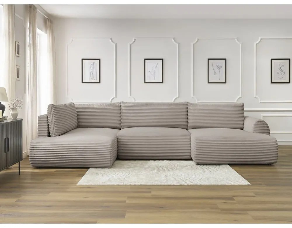 Colțar gri deschis/bej extensibil/cu spațiu de depozitare cu tapițerie din catifea reiată (cu colț pe partea stângă/în formă de "U") Lucien – Bobochic Paris