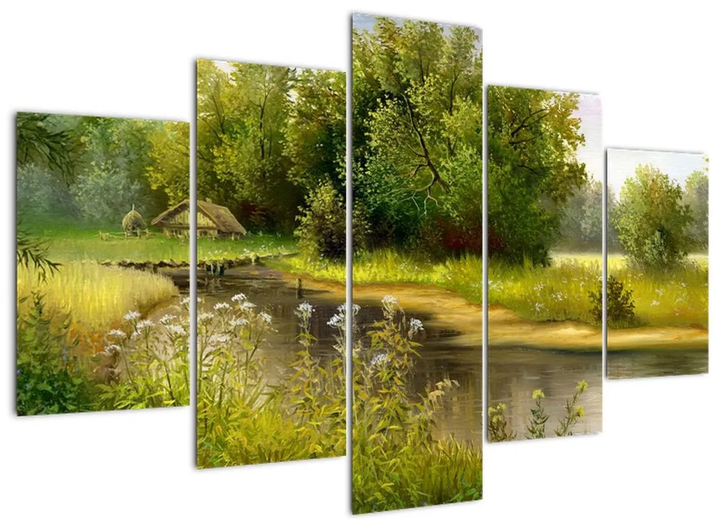 Tablou - Râu lângă pădure, pictură în ulei (150x105 cm)