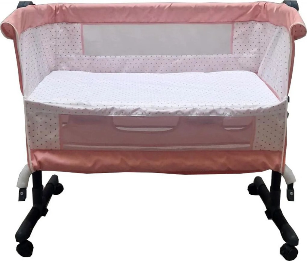 Patut copii transformabil in balansoar bebe Baby Care™ Co-Sleeper, Cu plasa insecte si cosulet depozitare, Design modern, 4 roti cu frana, Dimensiuni