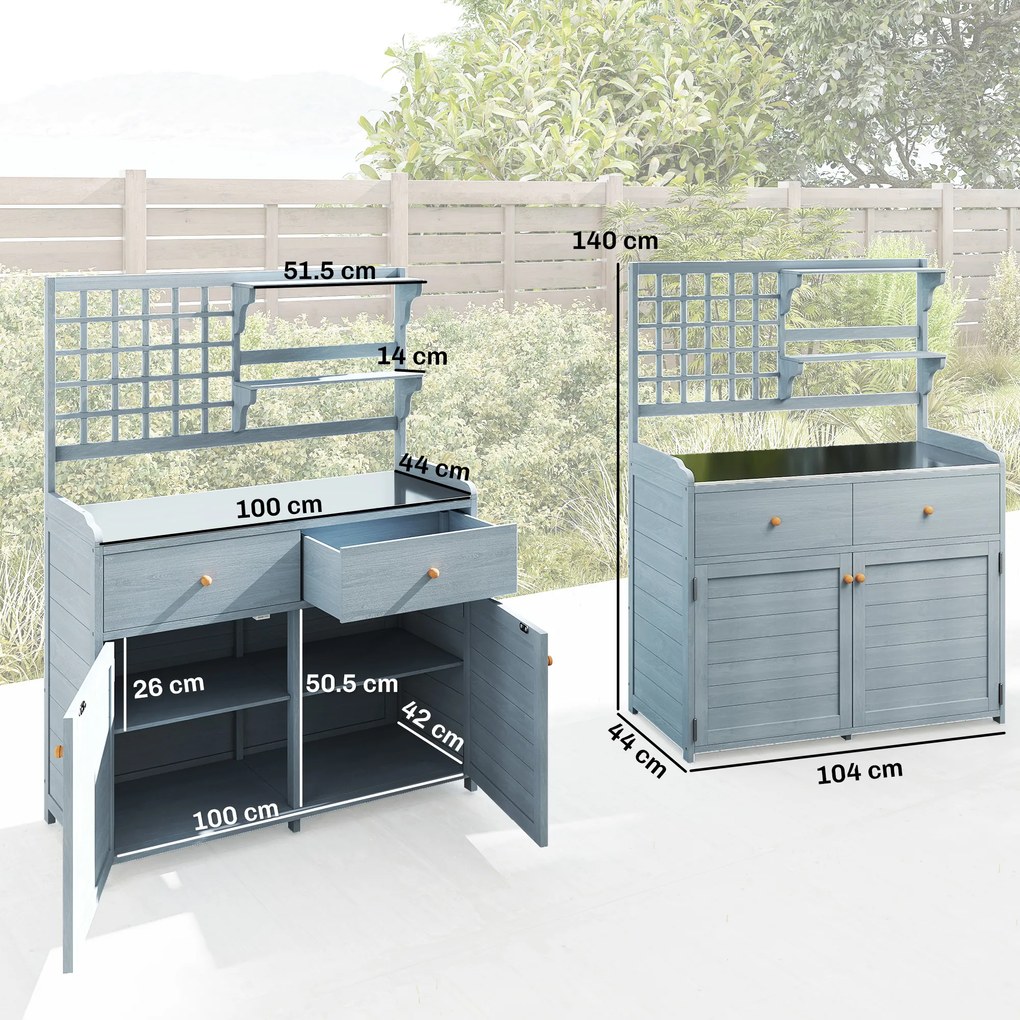 Outsunny Masă de plantat cu dulap inferior pentru exterior, dulap de grădină din lemn cu blat galvanizat, 2 sertare 104x44x140 cm Gri deschis | Aosom Romania