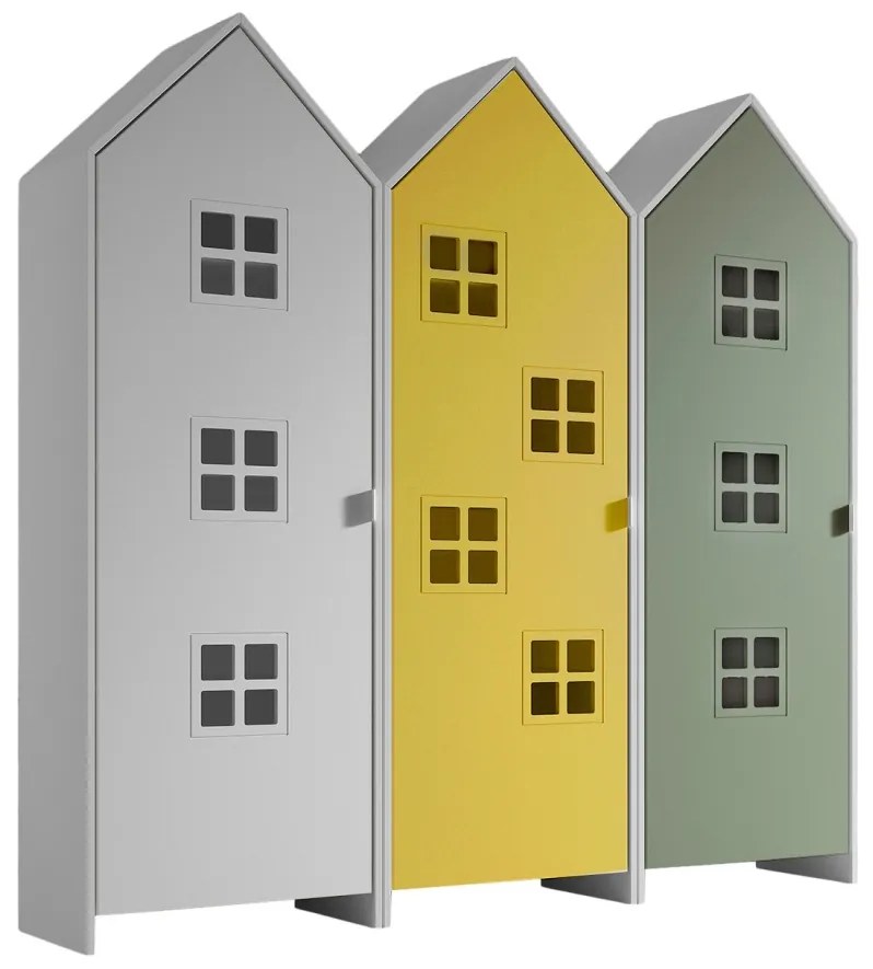 Set 3 dulapuri pentru copii Casami Bruges tip colibă de plajă – 1 cu ușă albă, 1 cu ușă Galben Strălucitor și 1 cu ușă Verde Intens – Vipack