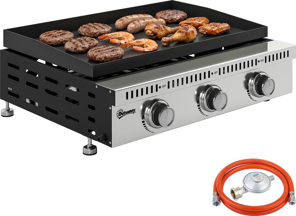 Outsunny Plancha pe gaz 9 kW 3 arzătoare din oțel inoxidabil, suprafață de gătit 56,5 x 33 cm, tavă de colectare a grăsimilor, negru | Aosom Romania