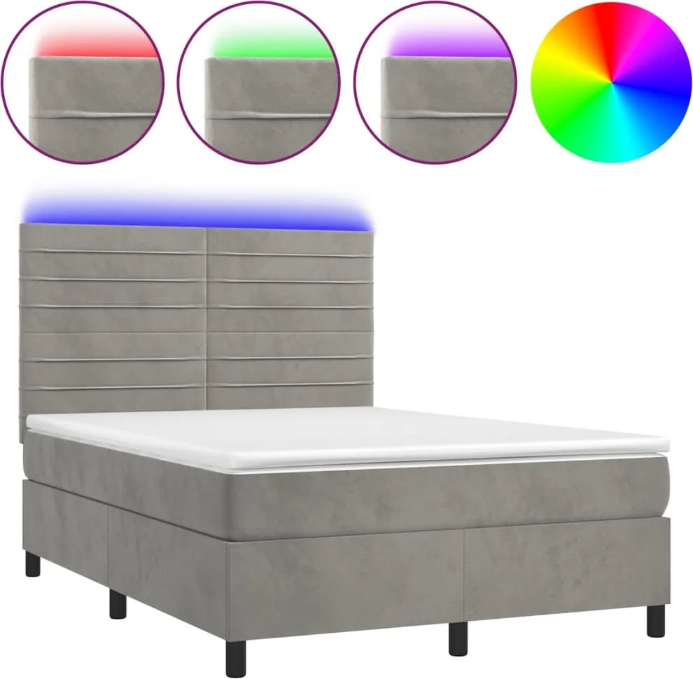 vidaXL Pat continental cu saltea și LED gri deschis 140x190 cm catifea