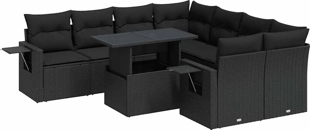 vidaXL Set mobilier de grădină cu perne, 9 piese, negru, poliratan