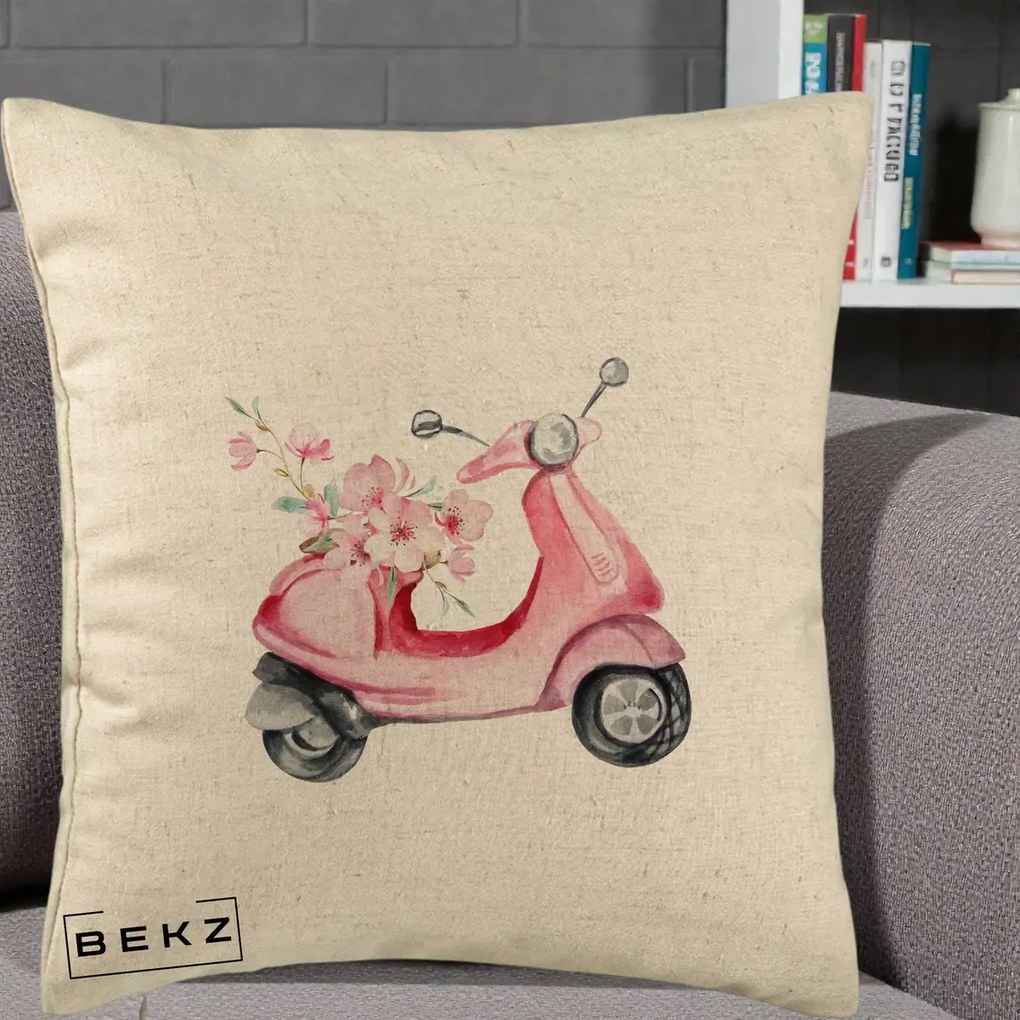 Perna Decorativa Scuter Roz cu Flori Acuarela, 40x40 cm, Bej, Husa Detasabila, Perna Inclusa, BEKZ®