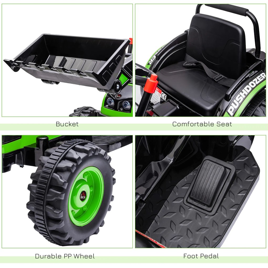 HOMCOM Buldozer Jucarie pentru Copii 3-5 Ani cu Baterie 6V, cu Sunete si Lumini, Viteza 1.5-2.5 km/h, 132x62x65 cm, Verde | Aosom Romania