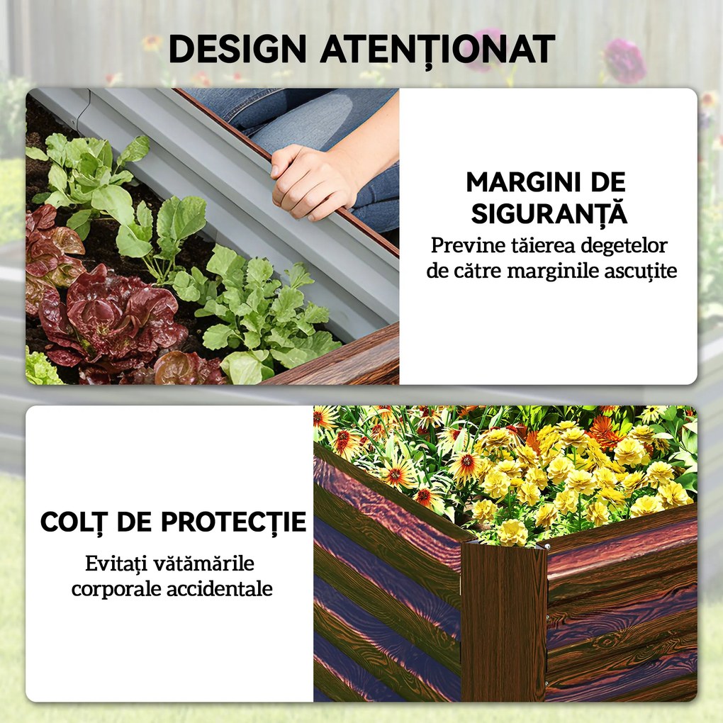 Outsunny Pat pentru Grădină Ridicat cu Fund Deschis și Bare de Suport, Ghiveci din Oțel Zincat pentru Flori și Legume, pentru Balcon sau Grădină, 180x90x57,5 cm, Maro Închis | Aosom Romania