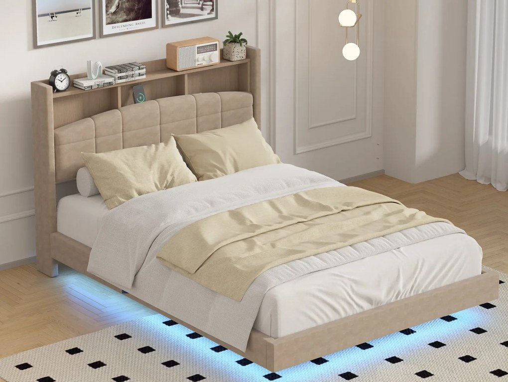 Pat C01 Tapitat Catifea 160x200cm, cu iluminare LED integrata, Maro, Saltea Ortopedica 20cm inclusa