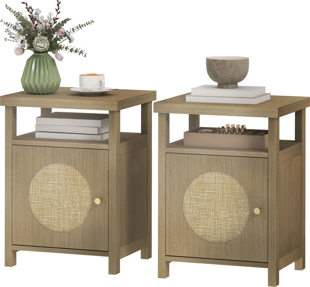HOMCOM Set de 2 noptiere înguste masă auxiliară compartiment deschis dulap finisaj ratan, 40 x 35 x 55 cm maro | Aosom Romania