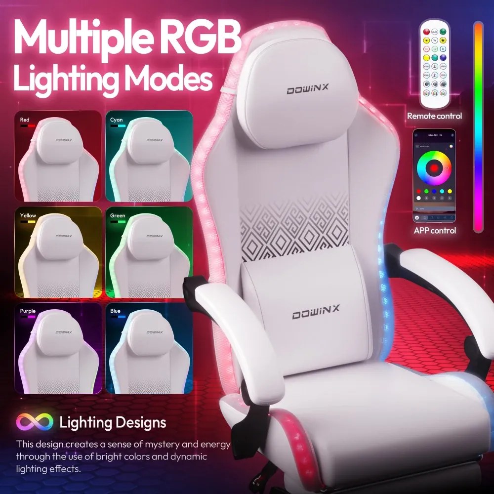 DOWINX 66LED03 - Scaun Gaming Ergonomic cu LED-uri RGB, Masaj in perna lombara, Șezut cu Arcuri Metalice și Spumă, Suport pentru picioare, Rabatabil 90°–135°, Rezistent 136 kg, Alb