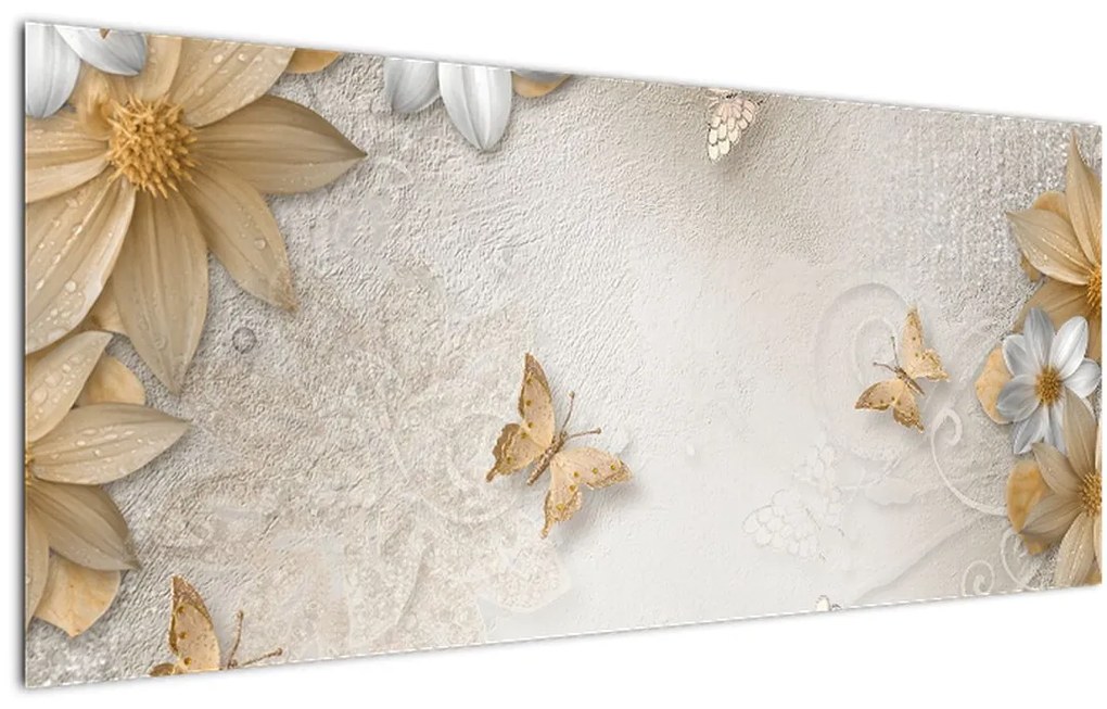 Tablou - Flori cu fluturi (120x50 cm)