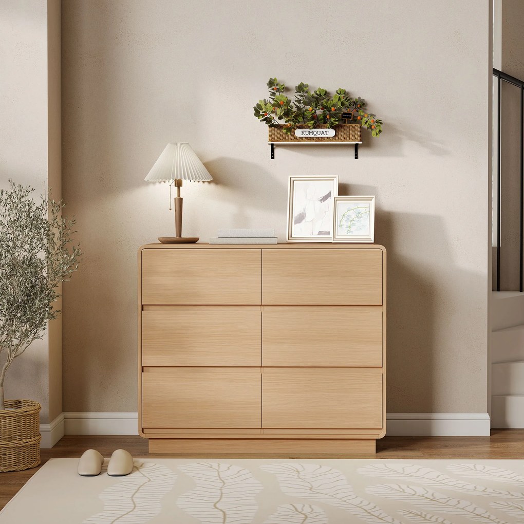HOMCOM Sideboard 100 cm, bufet cu 6 sertare, comodă pentru bucătărie, living, dining, lemn natural | Aosom Romania