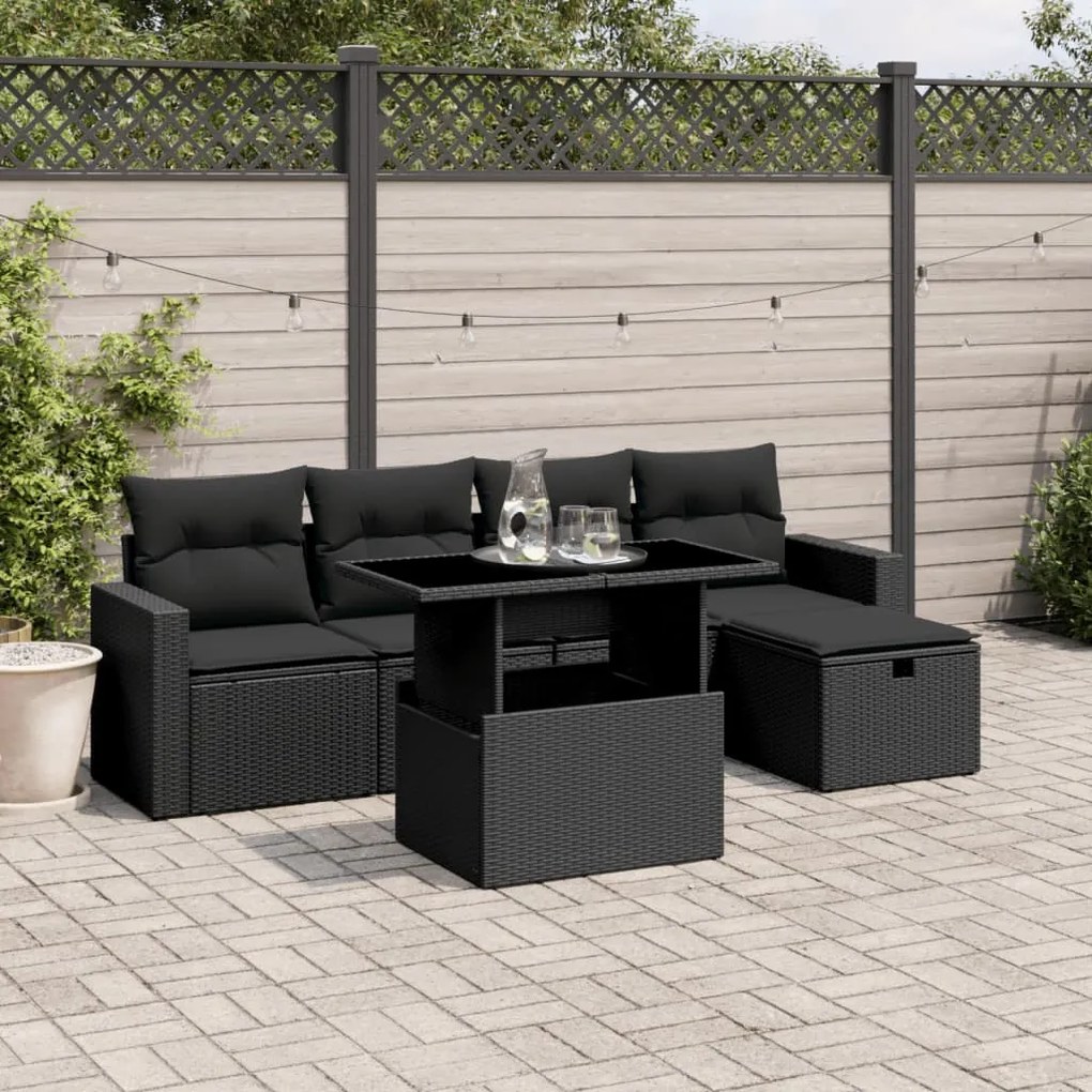 vidaXL Set mobilier de grădină cu perne, 6 piese, negru, poliratan