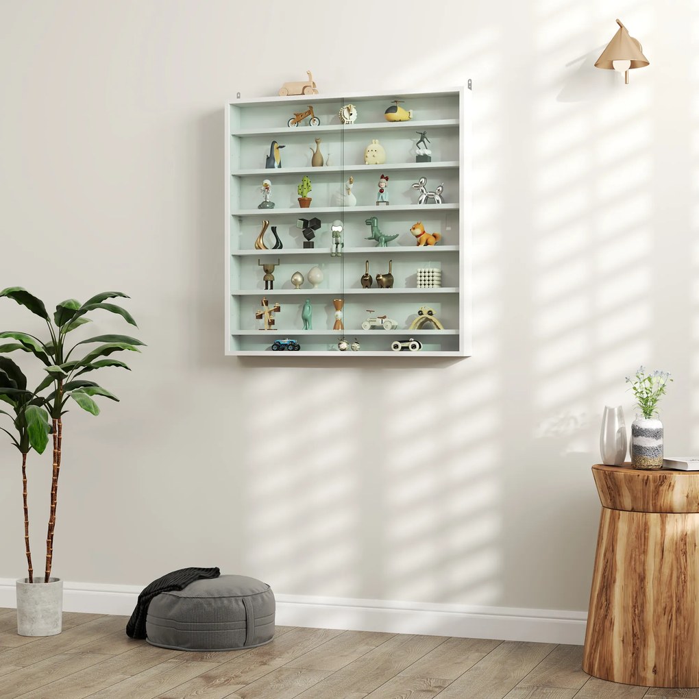 HOMCOM Vitrină pentru obiecte cu 6 rafturi reglabile, din PAL, cu uși din sticlă, 80 x 9,5 x 83 cm, alb | Aosom Romania