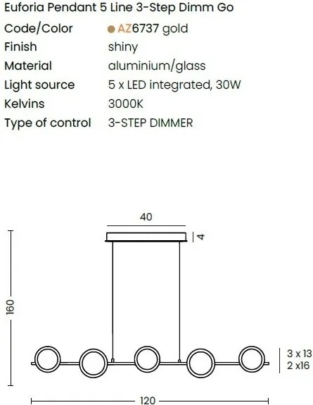 Lustra LED suspendata design decorativ EUFORIA aurie 3-STEP DIMM