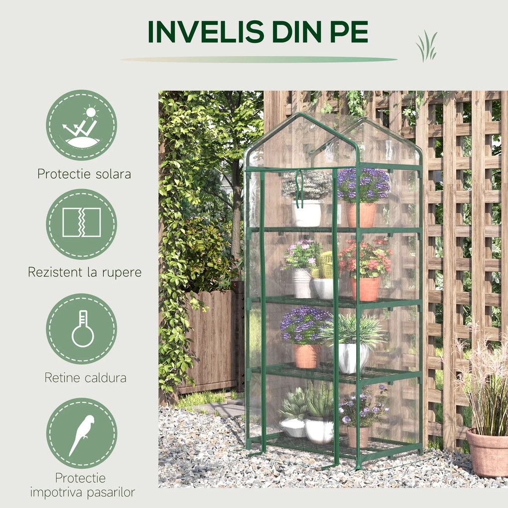 Outsunny Sera pentru Balcon Compacta cu 4 Rafturi pentru Plante, Sera pentru Gradina cu Acoperis din PVC Transparent, 70x50x160cm | Aosom Romania