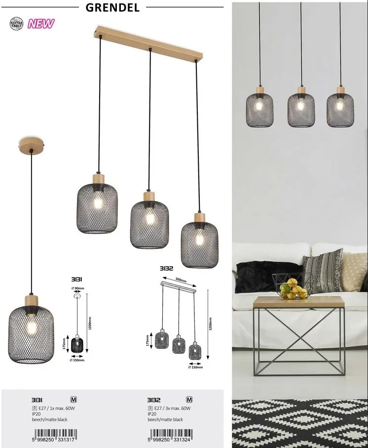 Lustra suspendata cu 3 pendule design industrial Grendel negru