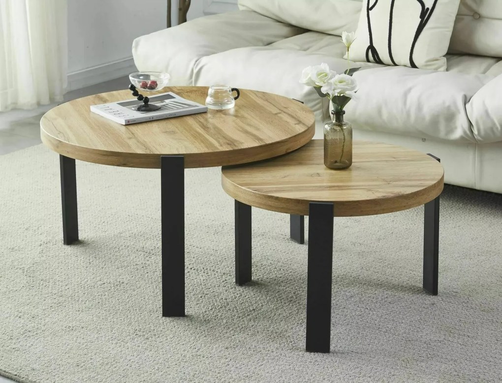 Set 2 mese de cafea Polo stejar artizan/negru ø80/ø60