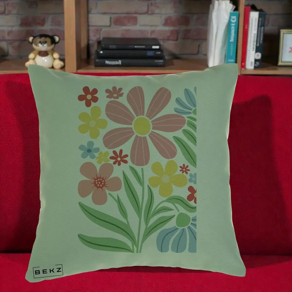 Perna Decorativa Flori Grafice Roz Pastel, 40x40 cm, Verde, Husa Detasabila, Perna Inclusa, BEKZ®