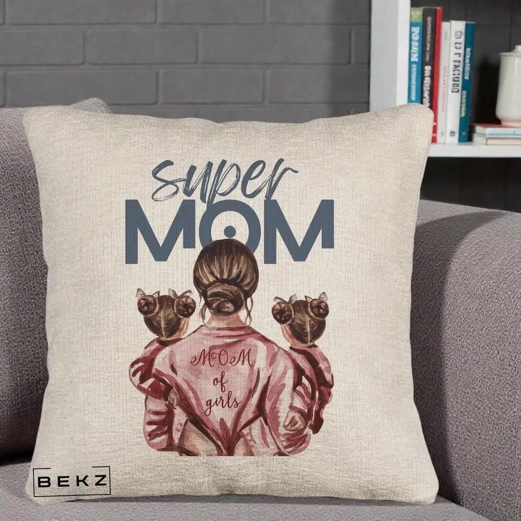 Cadou pentru Mama - Perna Personalizata Super Mom of Girls Mama cu Gemene, 40x40 cm, Bej Canapea, Husa Detasabila, Perna Inclusa, BEKZ®